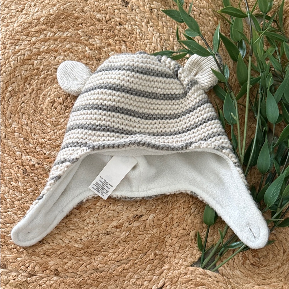 Baby Biden Striped Earflap Baby Hat with Bear Ears - Cream & Gray. 12-24 mo